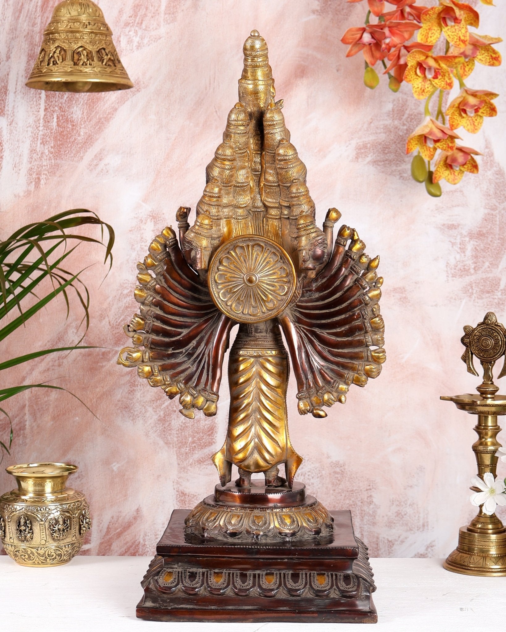 Brass Mahasadashiva (25 Faces, 50 Arms) Vishwa Roopam Shiva Sculpture – Vintage Patina Finish | 23 Inches - Budhshiv.com