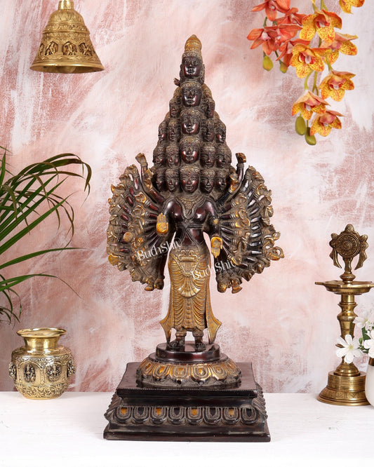 Brass Mahasadashiva (25 Faces, 50 Arms) Vishwa Roopam Shiva Sculpture – Vintage Patina Finish | 23 Inches - Budhshiv.com