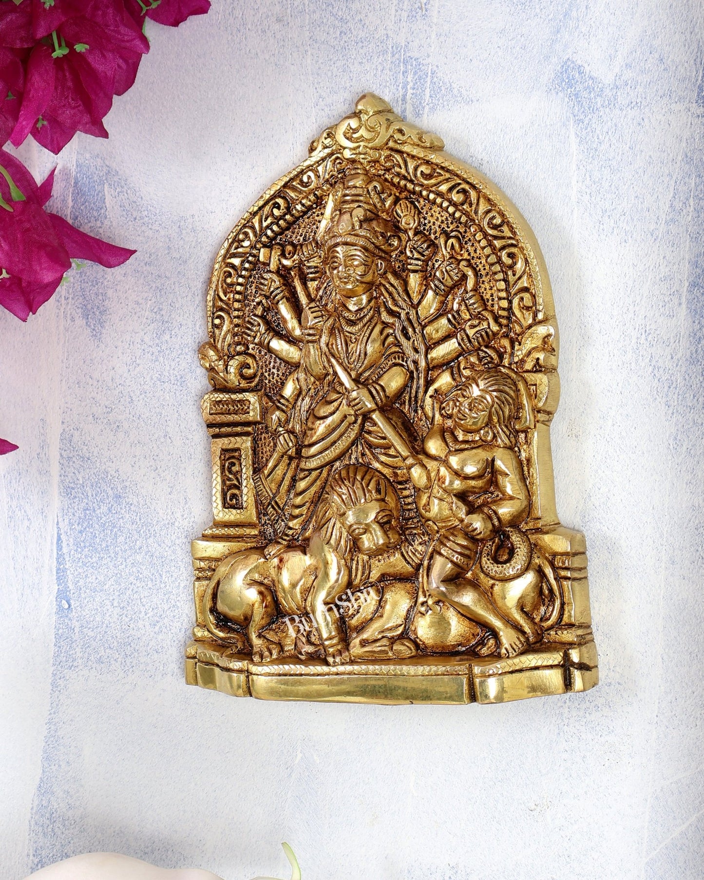Brass Mahishasura Mardini Bengali Durga Wall Hanging – Handcrafted Divine Wall Décor 8 inch - Budhshiv.com