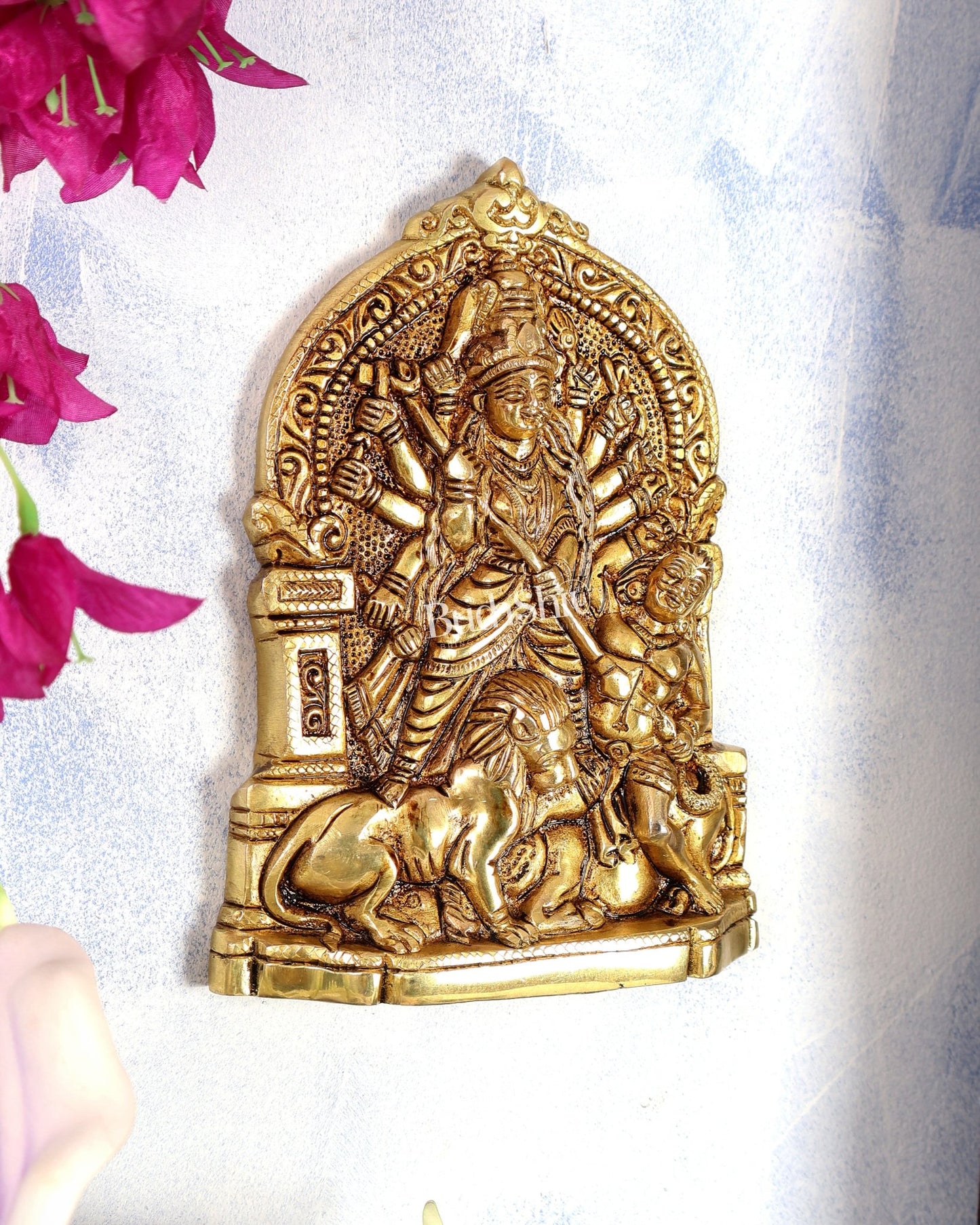 Brass Mahishasura Mardini Bengali Durga Wall Hanging – Handcrafted Divine Wall Décor 8 inch - Budhshiv.com