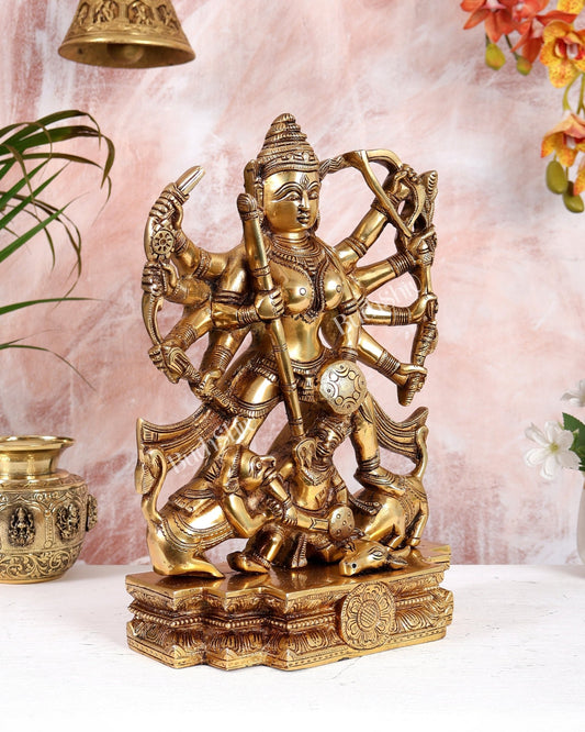 Brass Mahishasura Mardini Durga Maa Idol – Highly Detailed Bengali Style Handcrafted Statue (13.5 Inch - Budhshiv.com