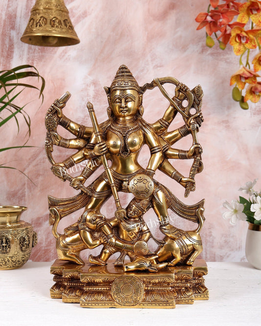 Brass Mahishasura Mardini Durga Maa Idol – Highly Detailed Bengali Style Handcrafted Statue (13.5 Inch - Budhshiv.com