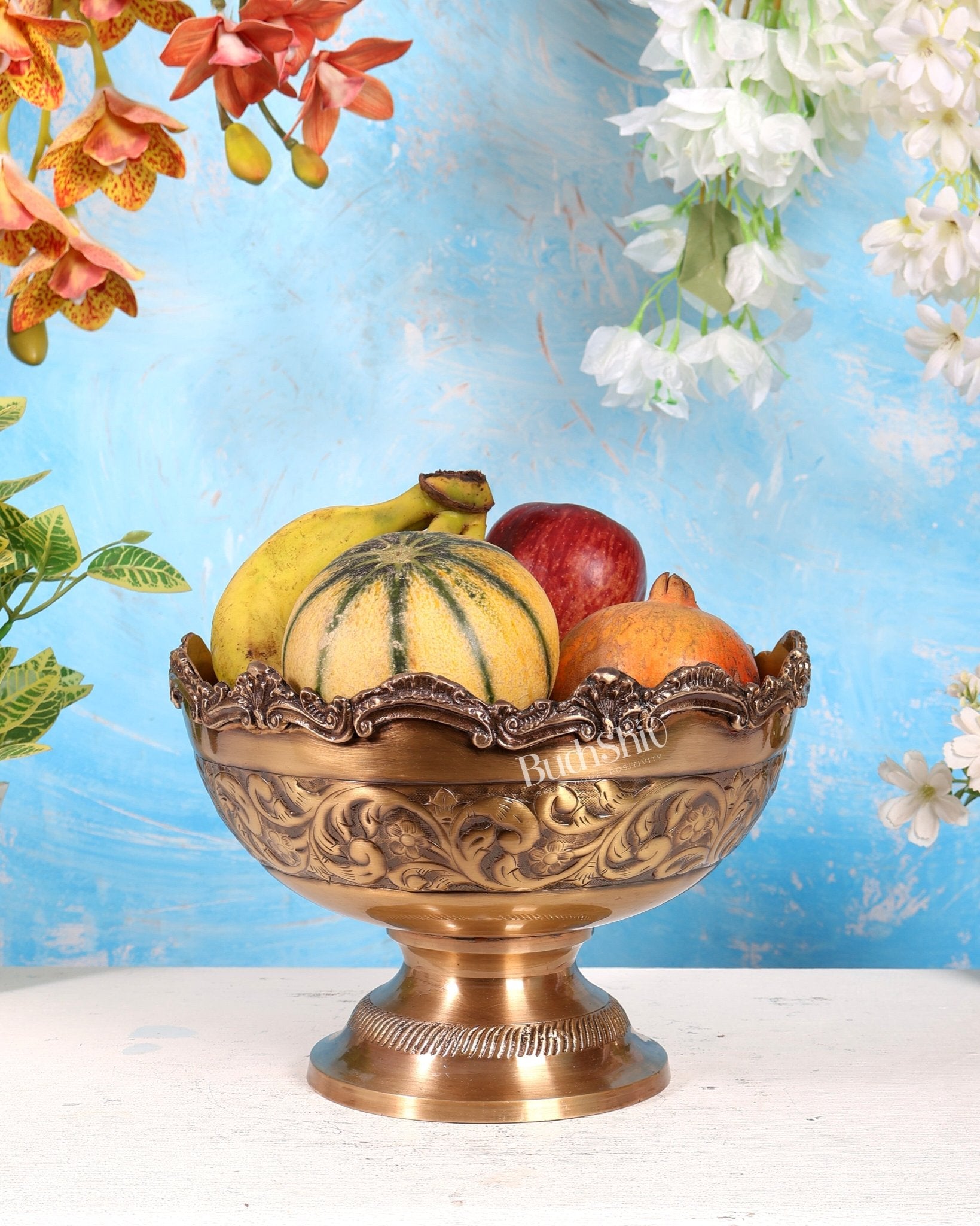 Brass Majestic Fruit Bowl – Lightweight Antique Matte Finish Decorative Bowl (10 Inches) - Budhshiv.com