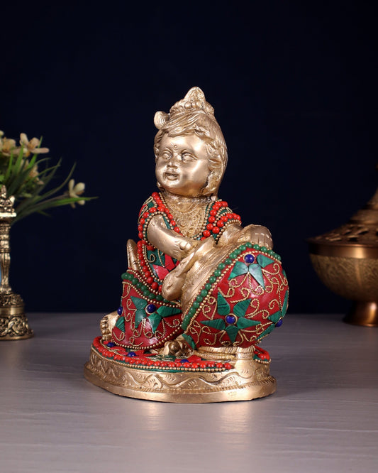 Brass Makhan Chor Idol with Floral Stonework 7" - Budhshiv.com