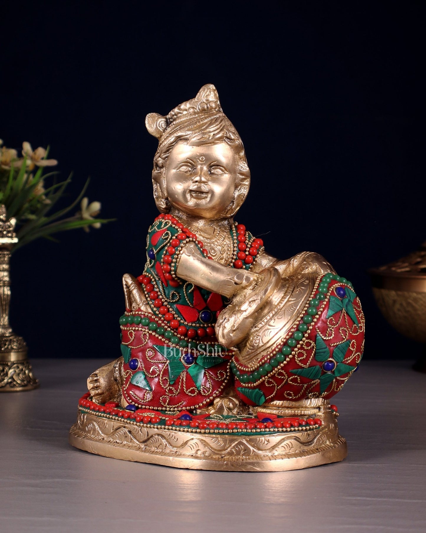 Brass Makhan Chor Idol with Floral Stonework 7" - Budhshiv.com