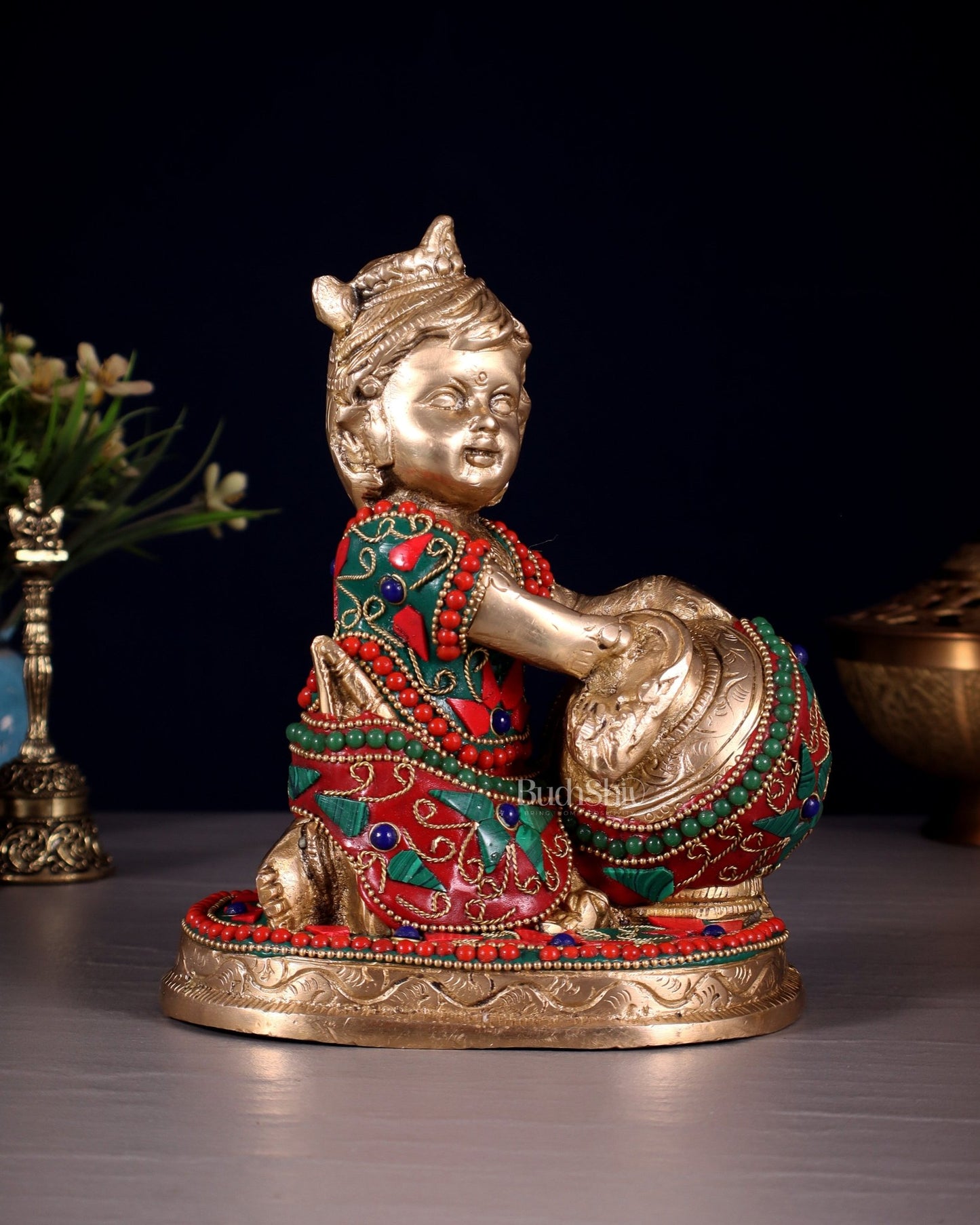 Brass Makhan Chor Idol with Floral Stonework 7" - Budhshiv.com