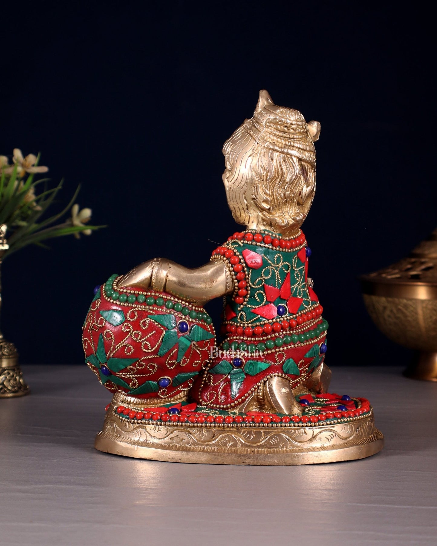 Brass Makhan Chor Idol with Floral Stonework 7" - Budhshiv.com