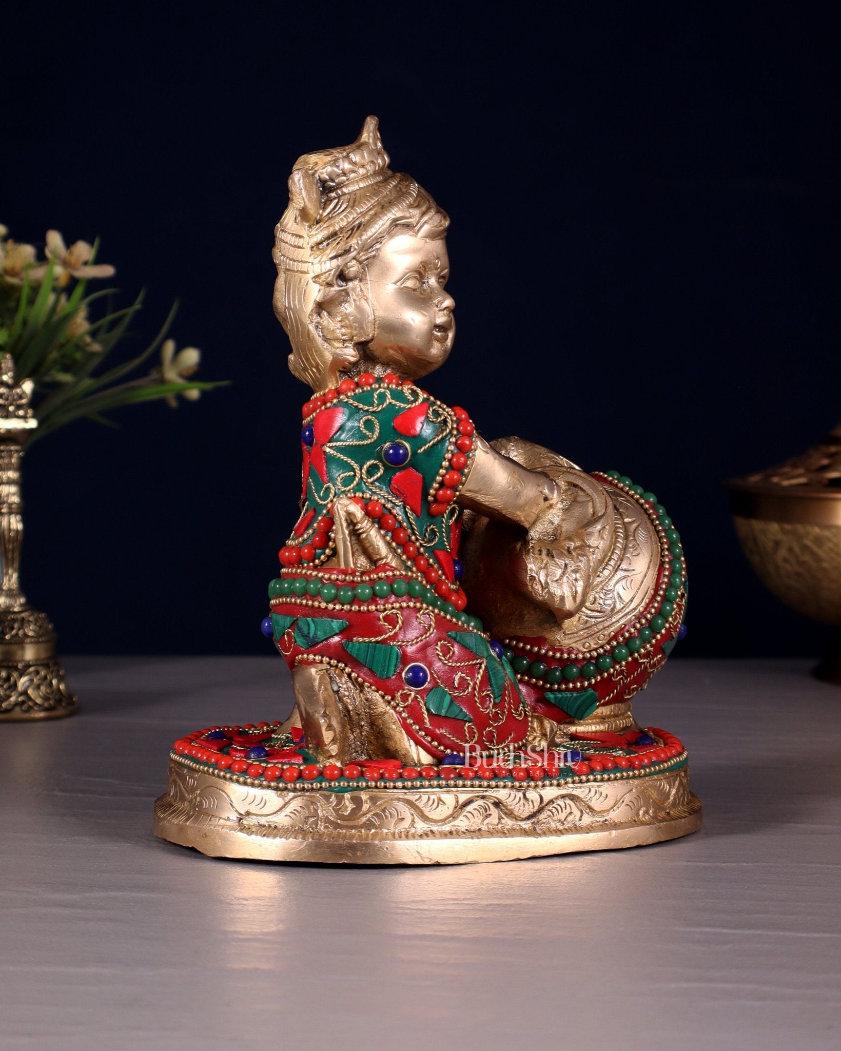 Brass Makhan Chor Idol with Floral Stonework 7" - Budhshiv.com