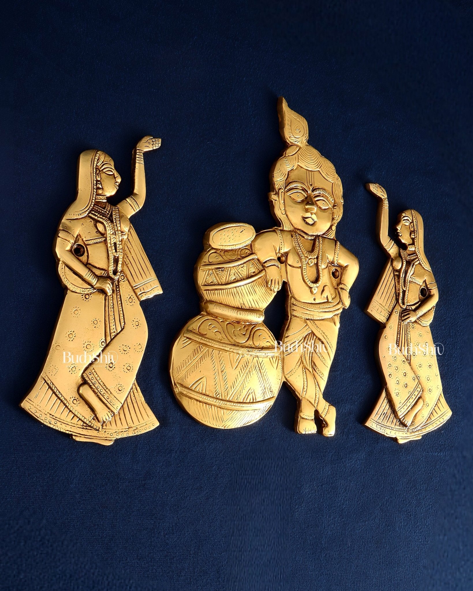 Brass Makhan Chor Krishna with Dancing Gopi Pair Wall Hanging Set - Budhshiv.com