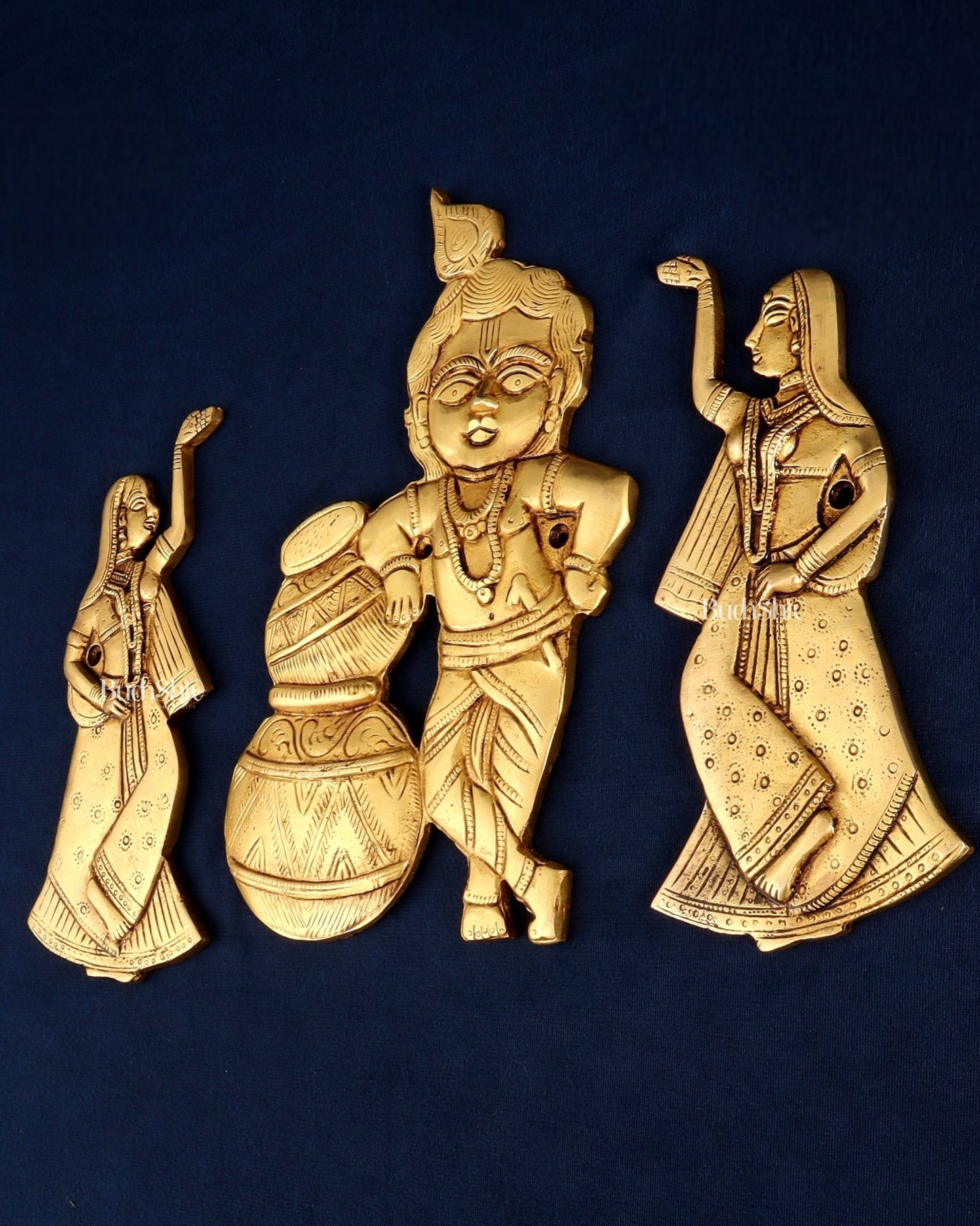 Brass Makhan Chor Krishna with Dancing Gopi Pair Wall Hanging Set - Budhshiv.com