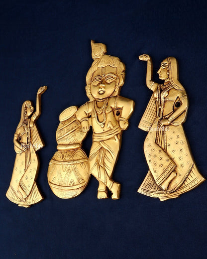 Brass Makhan Chor Krishna with Dancing Gopi Pair Wall Hanging Set - Budhshiv.com