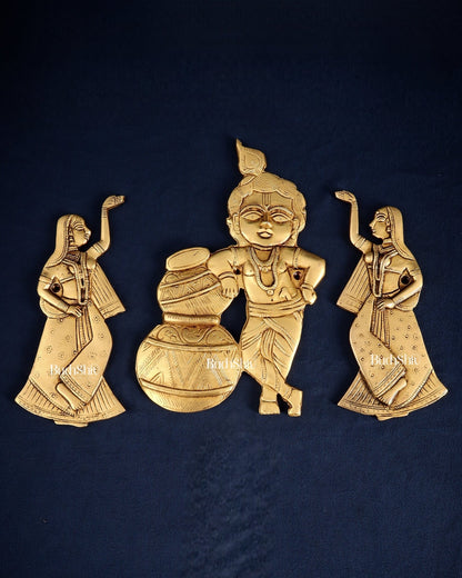 Brass Makhan Chor Krishna with Dancing Gopi Pair Wall Hanging Set - Budhshiv.com