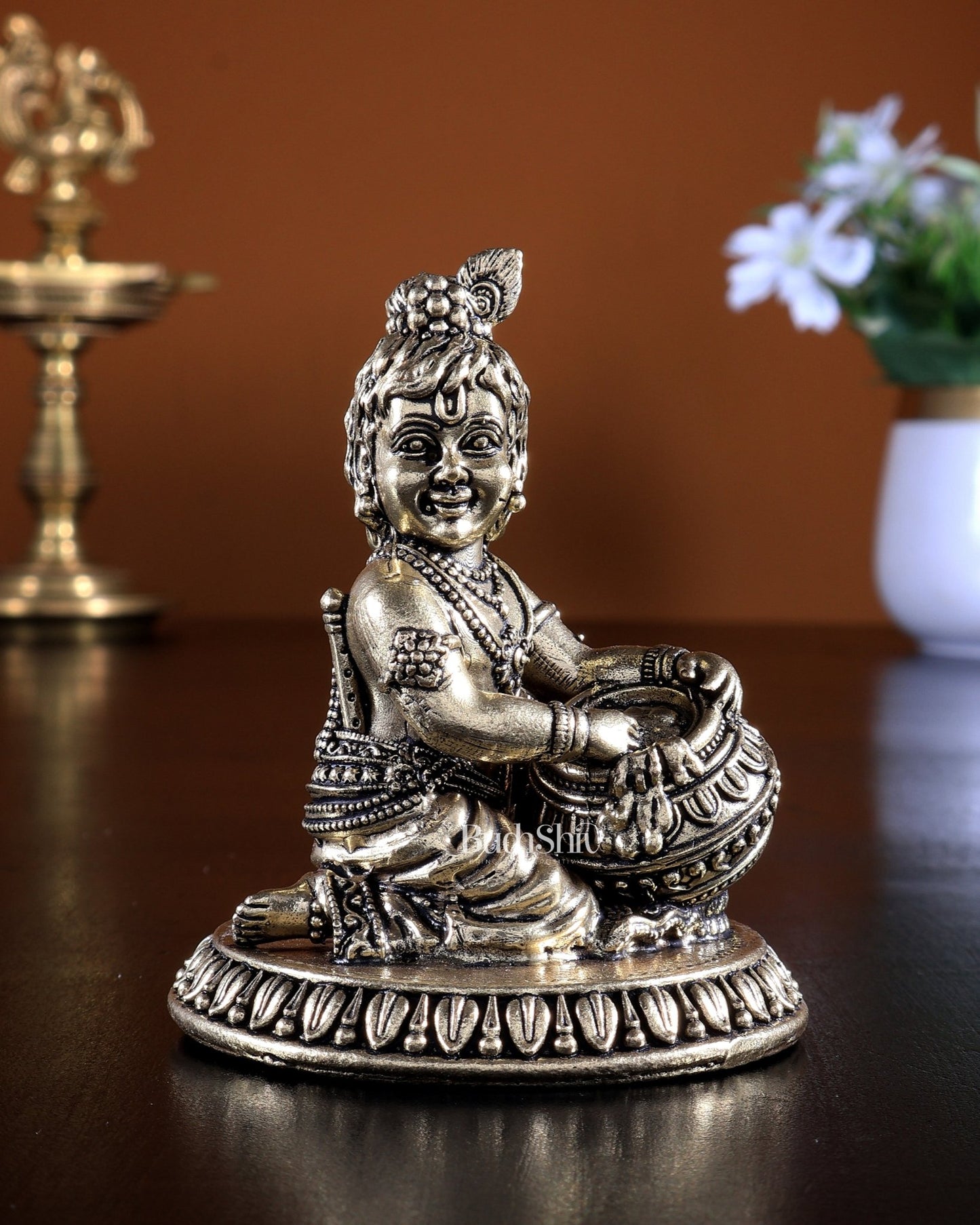 Brass Makhan Chor Matki Krishna Idol | Superfine Mini 3.25 inch - Budhshiv.com