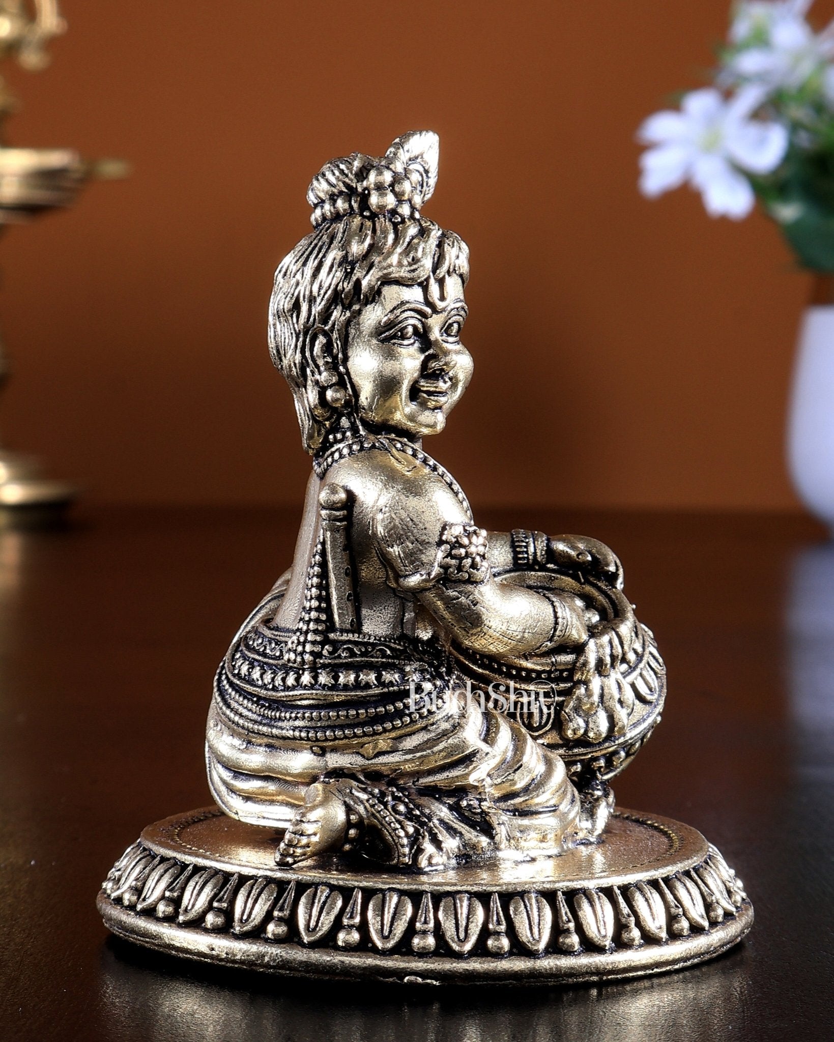 Brass Makhan Chor Matki Krishna Idol | Superfine Mini 3.25 inch - Budhshiv.com