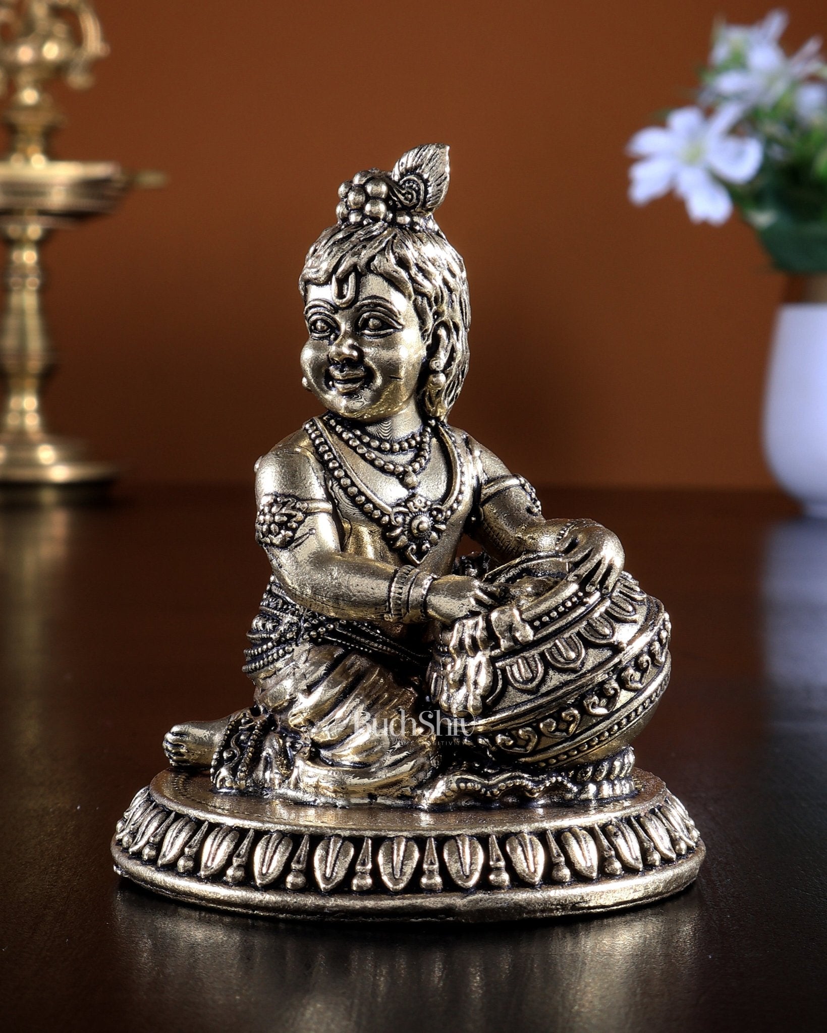Brass Makhan Chor Matki Krishna Idol | Superfine Mini 3.25 inch - Budhshiv.com