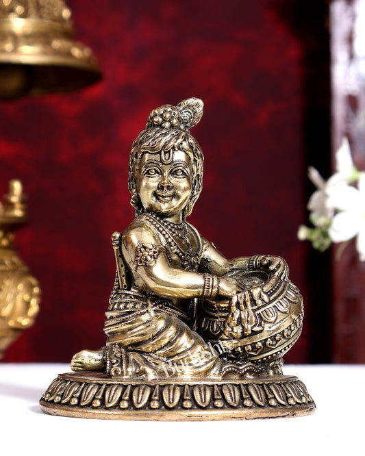 Brass Makhan Chor Matki Krishna Idol | Superfine Mini 3.25 inch - Budhshiv.com