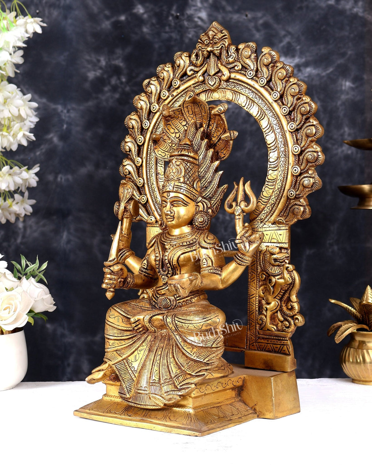 Brass Mariamman Goddess Idol with Prabhavali 17.5 inch - Budhshiv.com