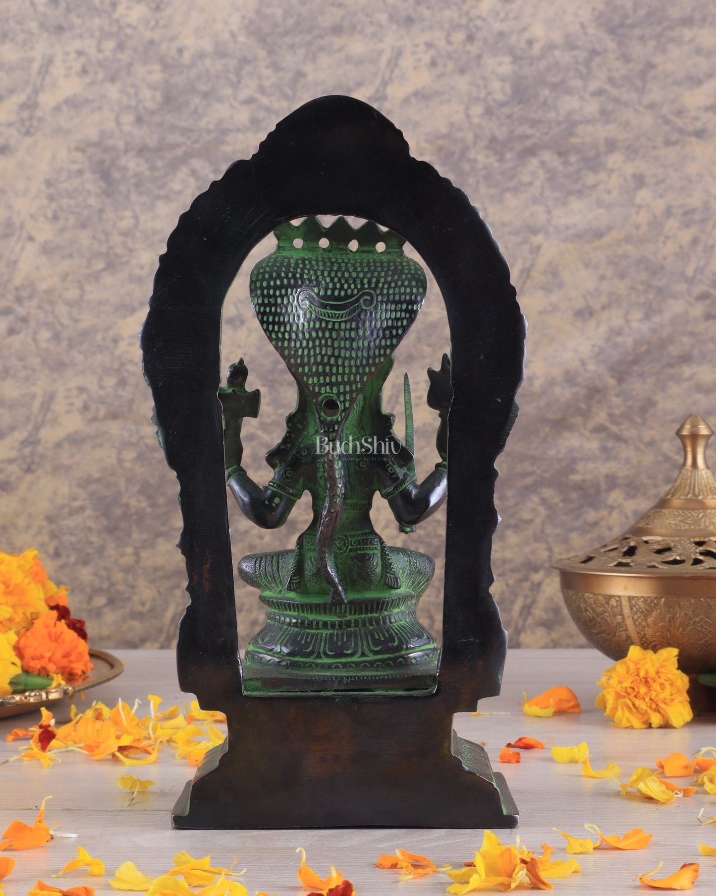 Brass Mariamman Karumariamma Idol | Height: 9.5 inch black and green - Budhshiv.com