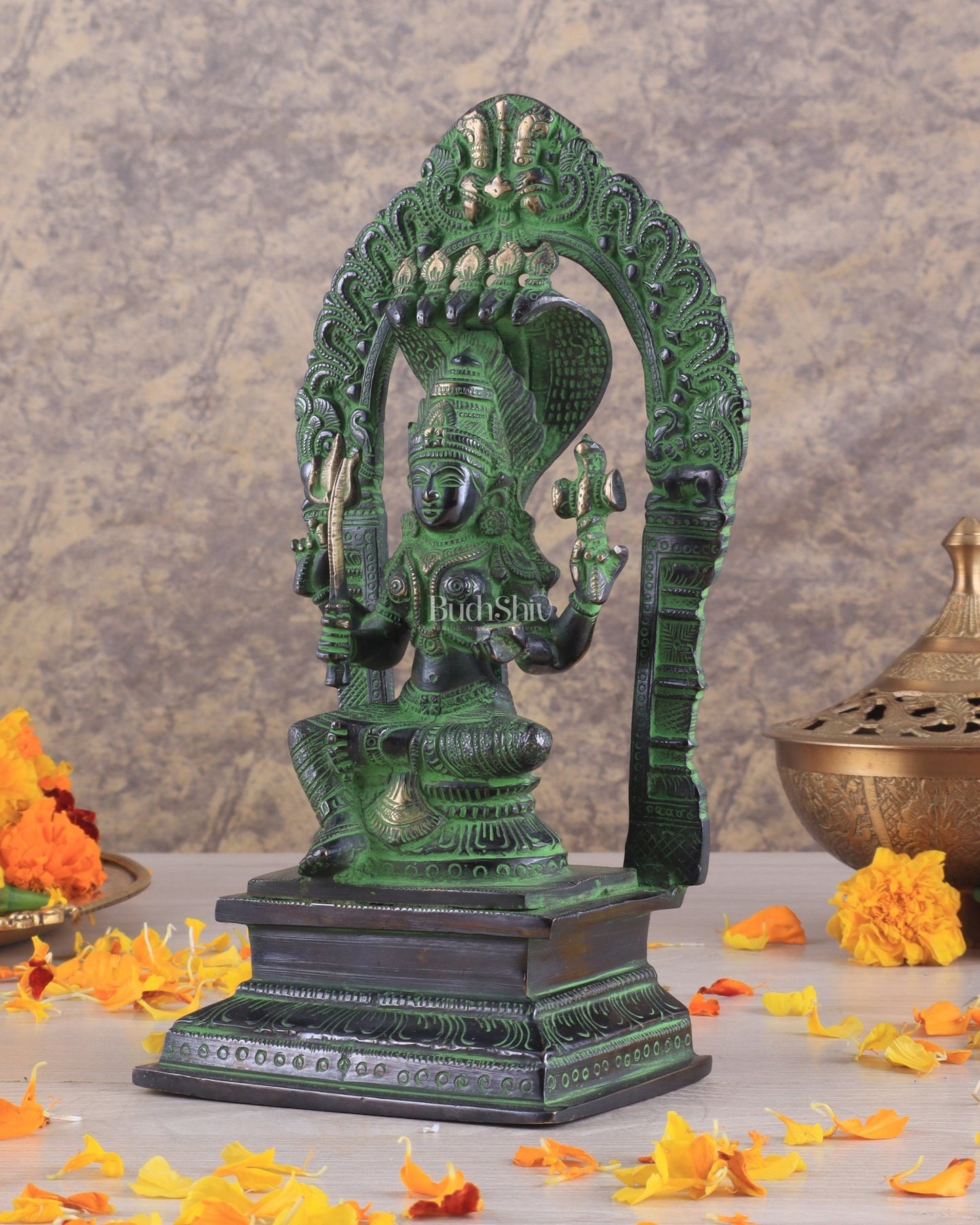 Brass Mariamman Karumariamma Idol | Height: 9.5 inch black and green - Budhshiv.com