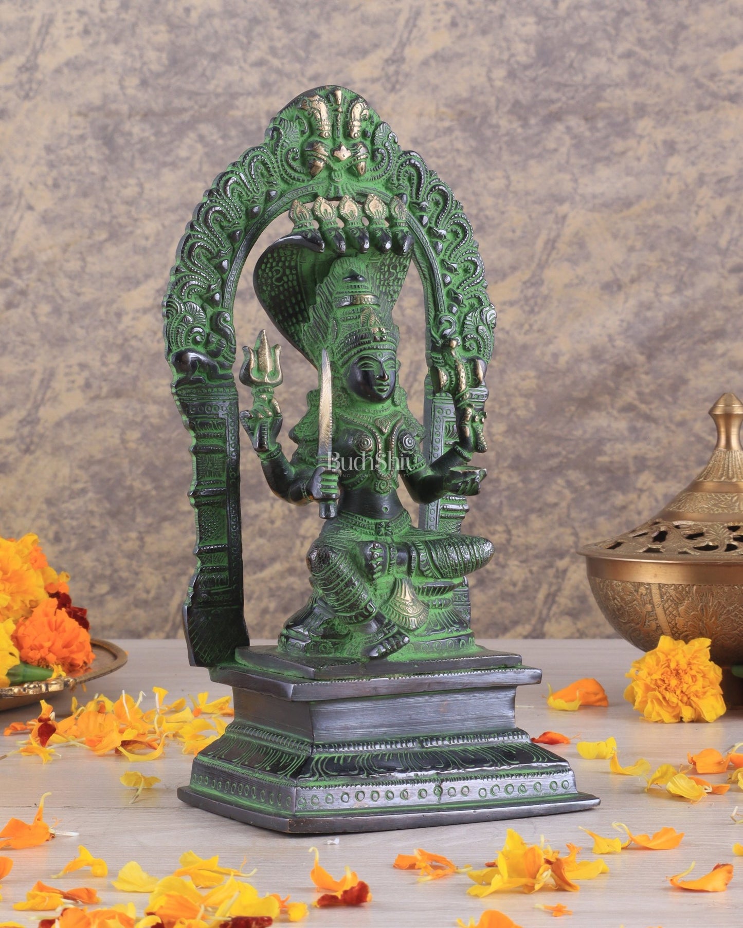 Brass Mariamman Karumariamma Idol | Height: 9.5 inch black and green - Budhshiv.com