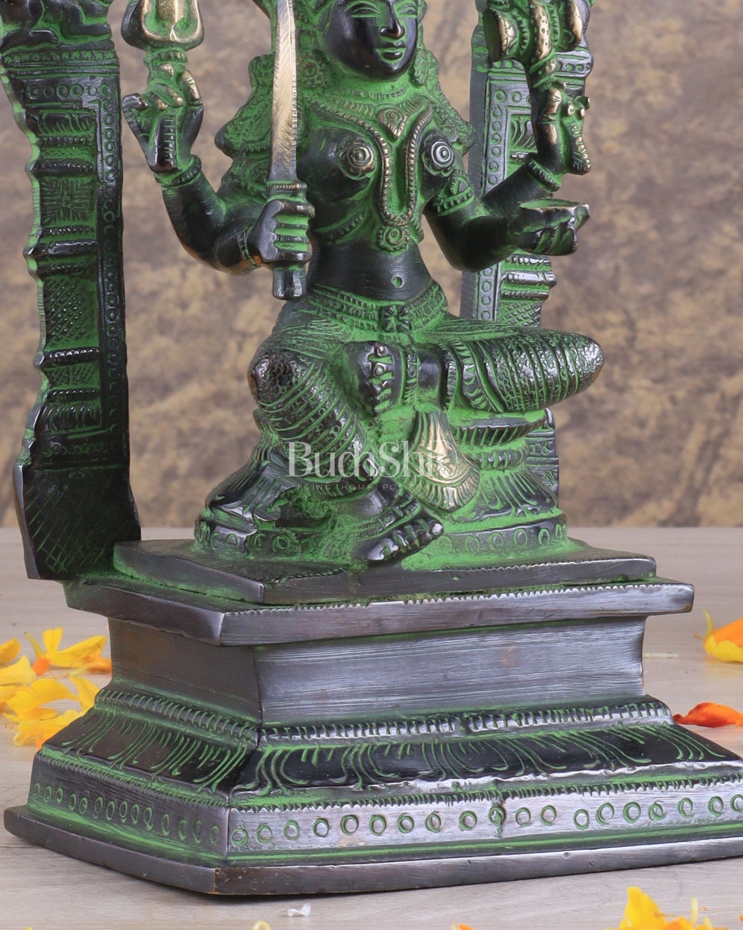 Brass Mariamman Karumariamma Idol | Height: 9.5 inch black and green - Budhshiv.com