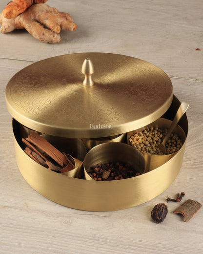 Brass Masala Box Daani – Round Spice Container, 2.5"x6"x6" - Budhshiv.com