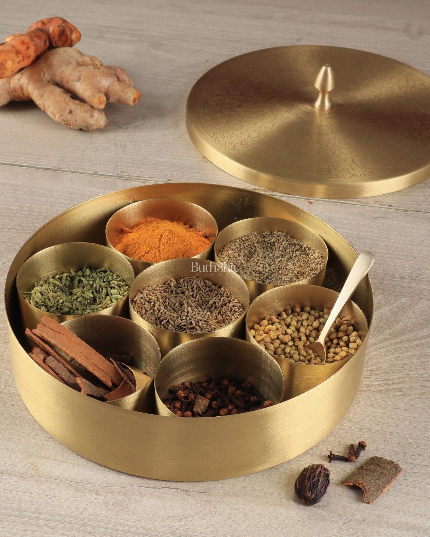 Brass Masala Box Daani – Round Spice Container, 2.5"x6"x6" - Budhshiv.com