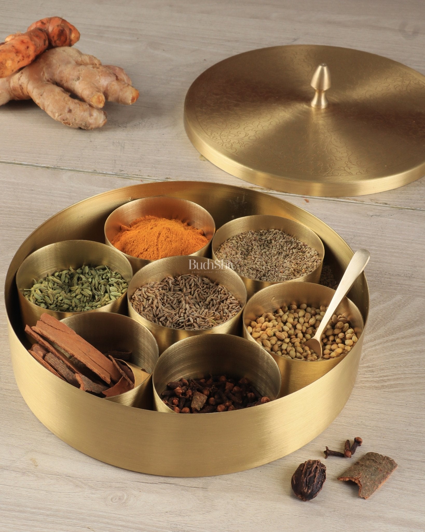 Brass Masala Box Daani – Round Spice Container, 2.5"x6"x6" - Budhshiv.com