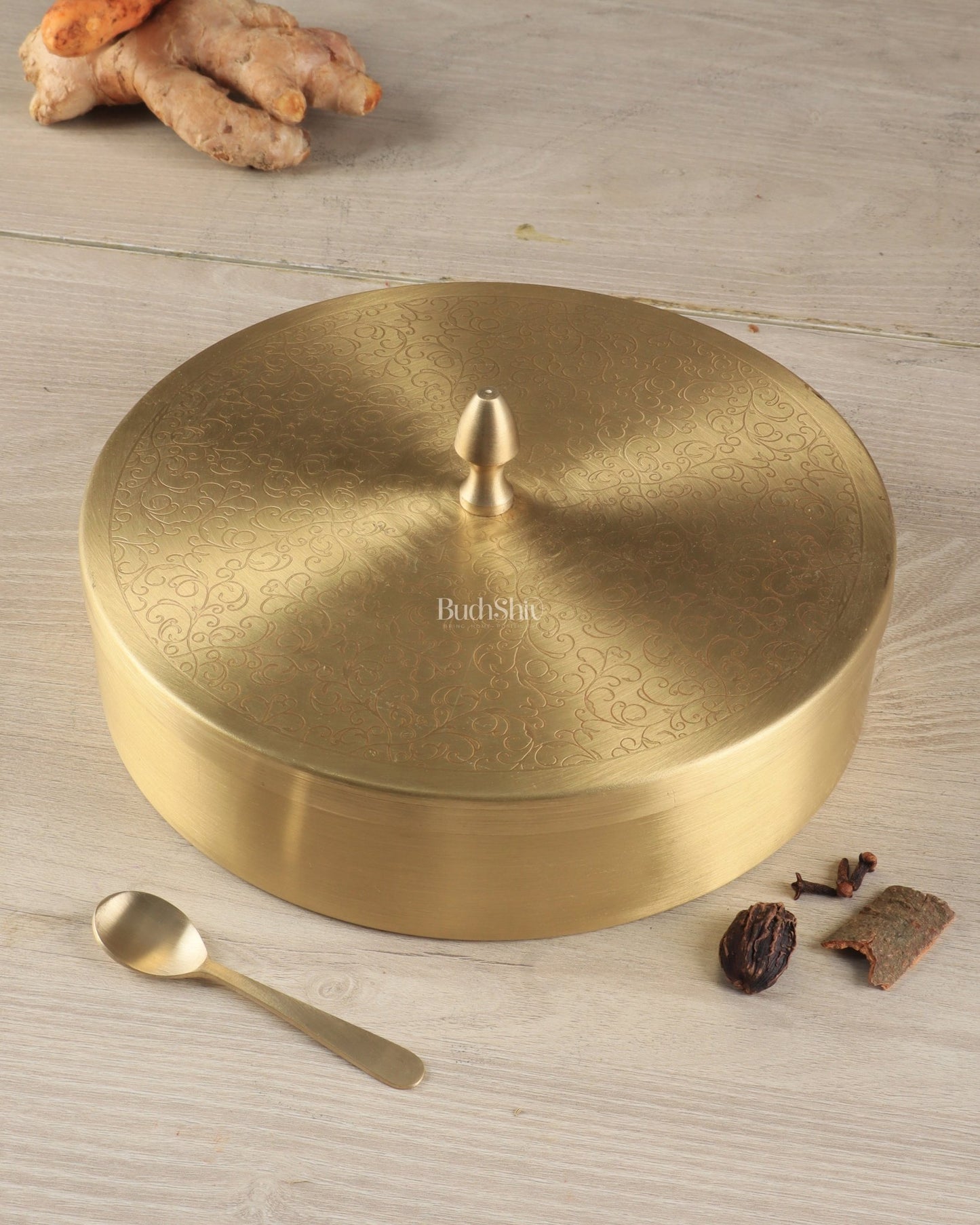 Brass Masala Box Daani – Round Spice Container, 2.5"x6"x6" - Budhshiv.com