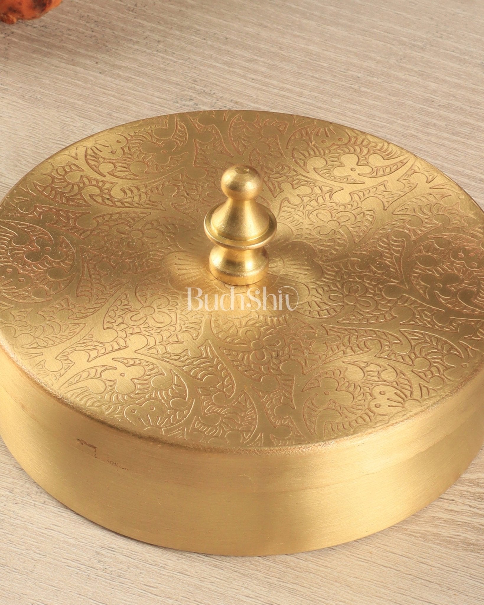 Brass Masala Box Daani – Round Spice Container, 2"x4"x4", - Budhshiv.com