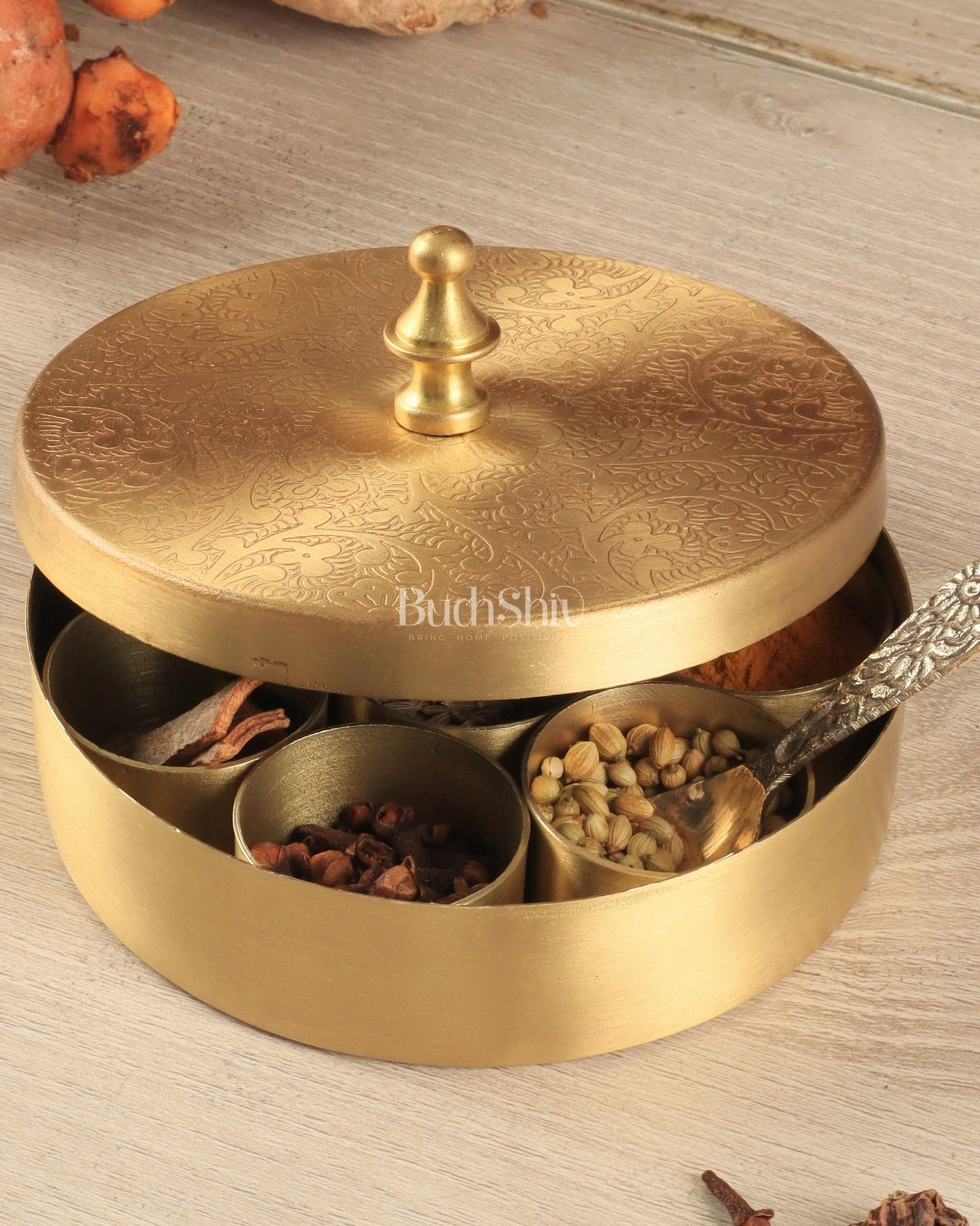 Brass Masala Box Daani – Round Spice Container, 2"x4"x4", - Budhshiv.com