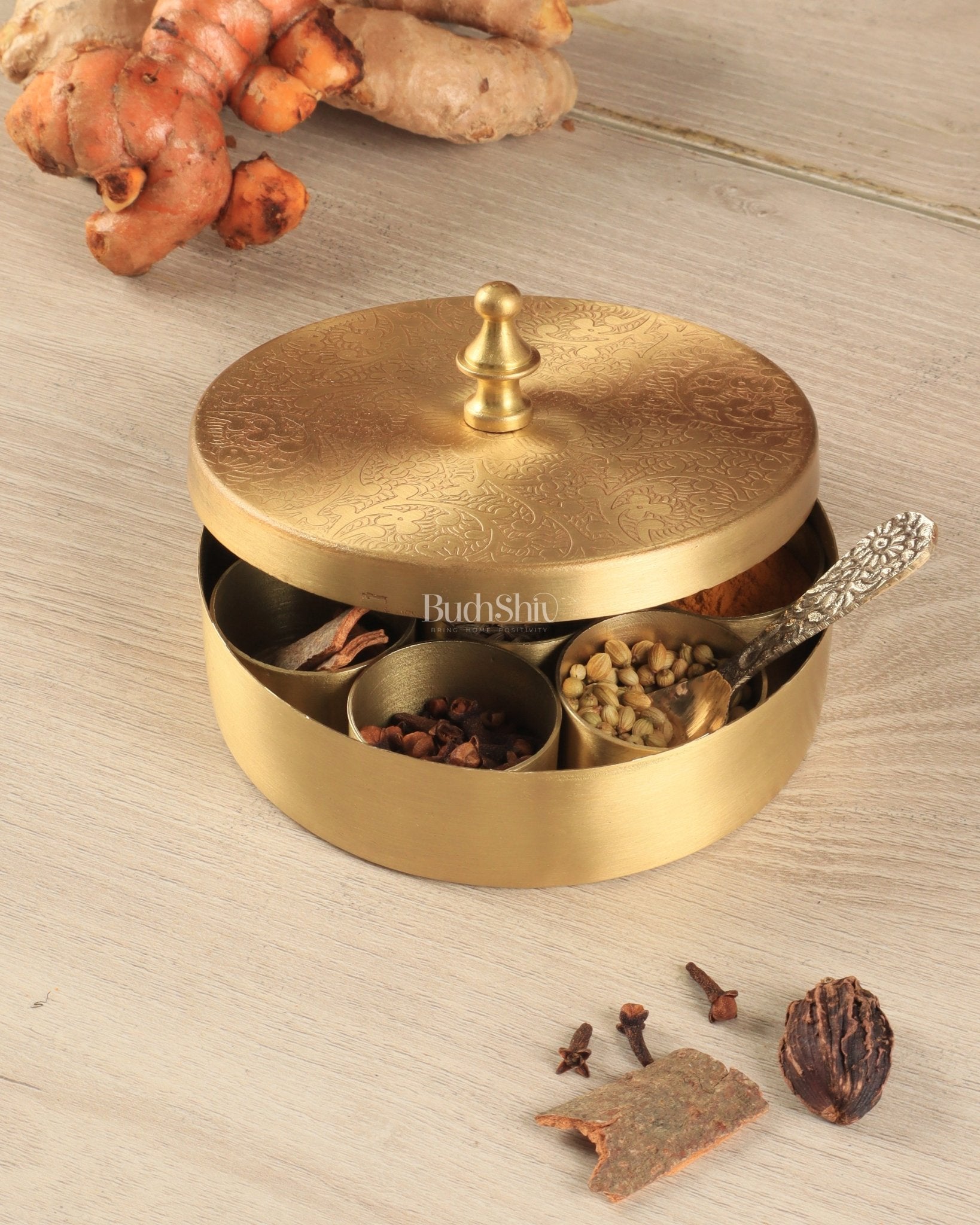 Brass Masala Box Daani – Round Spice Container, 2"x4"x4", - Budhshiv.com