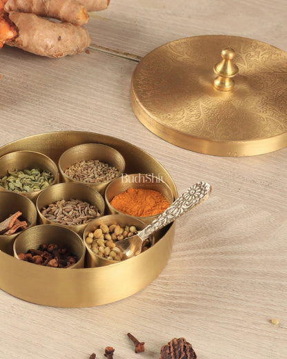 Brass Masala Box Daani – Round Spice Container, 2"x4"x4", - Budhshiv.com