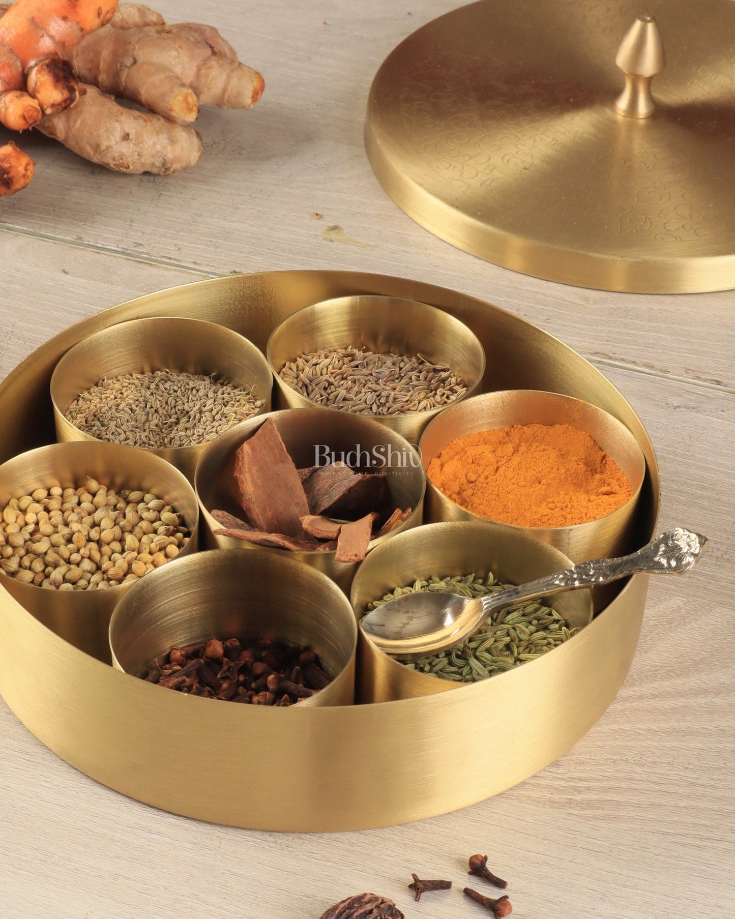Brass Masala Box Daani – Round Spice Container, 3"x7"x7" - Budhshiv.com