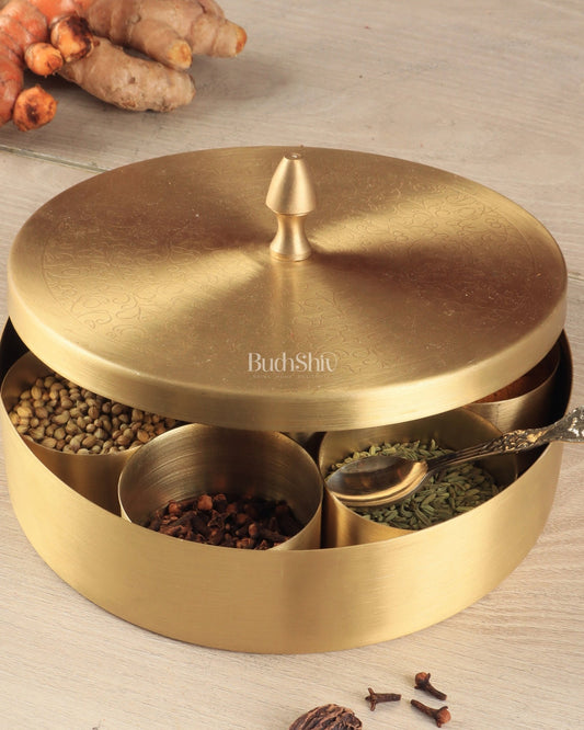 Brass Masala Box Daani – Round Spice Container, 3"x7"x7" - Budhshiv.com