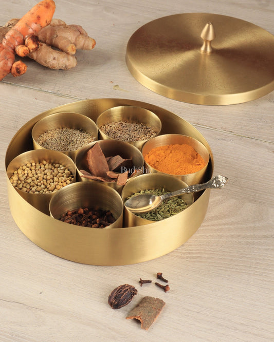 Brass Masala Box Daani – Round Spice Container, 3"x7"x7" - Budhshiv.com