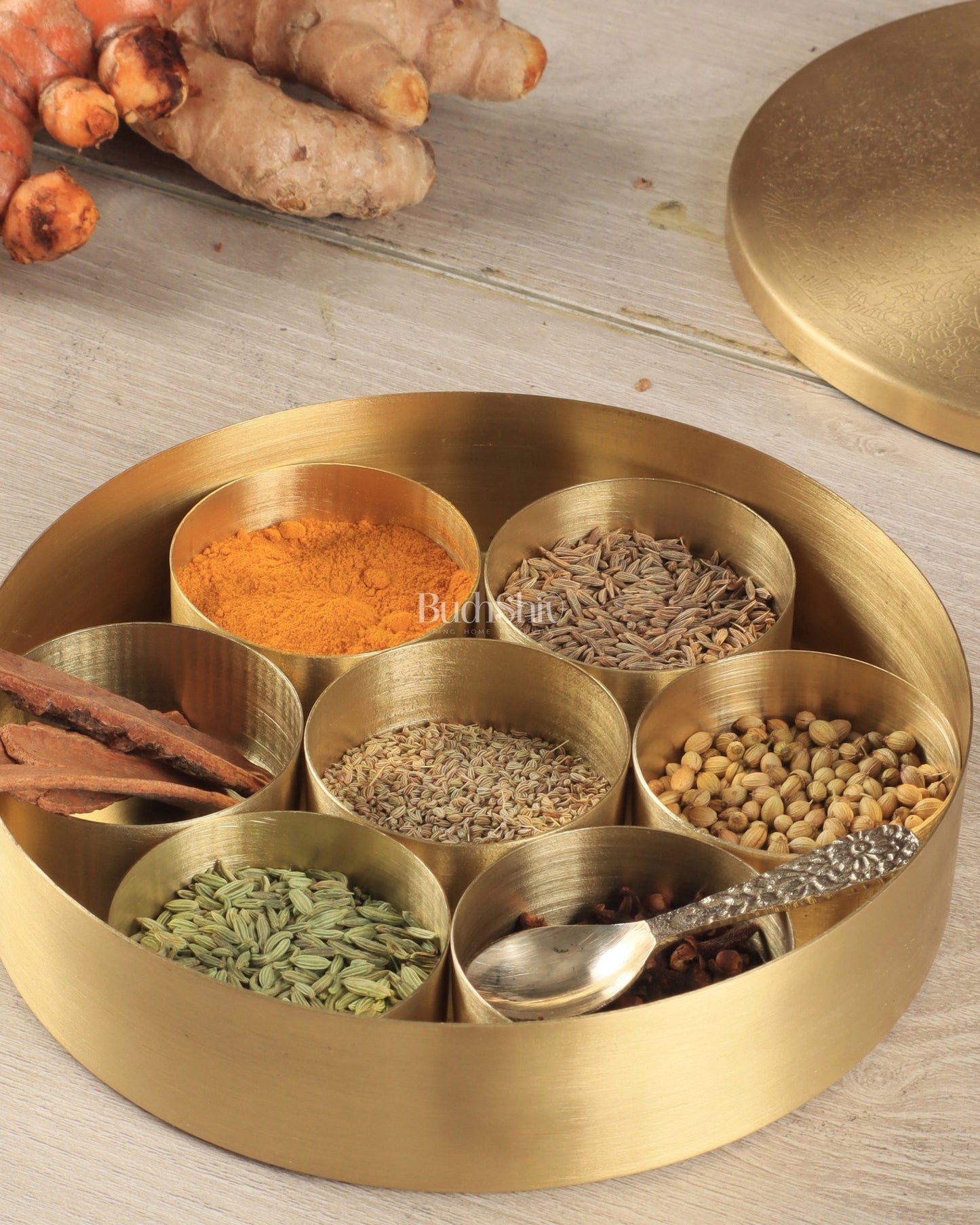 Brass Masala Box Daani – Round Spice Container, 3"x8.5"x8.5" - Budhshiv.com