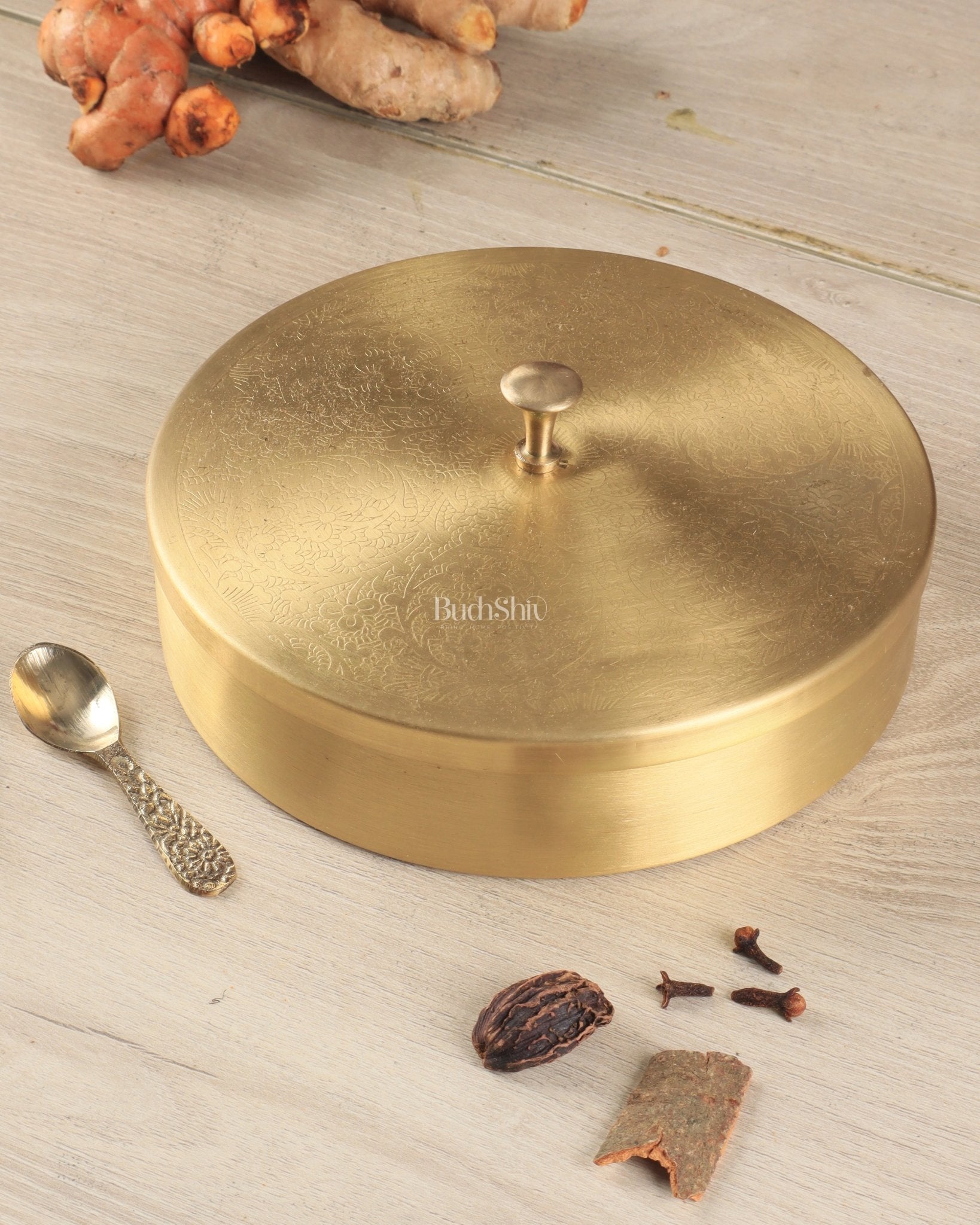 Brass Masala Box Daani – Round Spice Container, 3"x8.5"x8.5" - Budhshiv.com