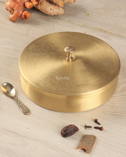 Brass Masala Box Daani – Round Spice Container, 3"x8.5"x8.5" - Budhshiv.com