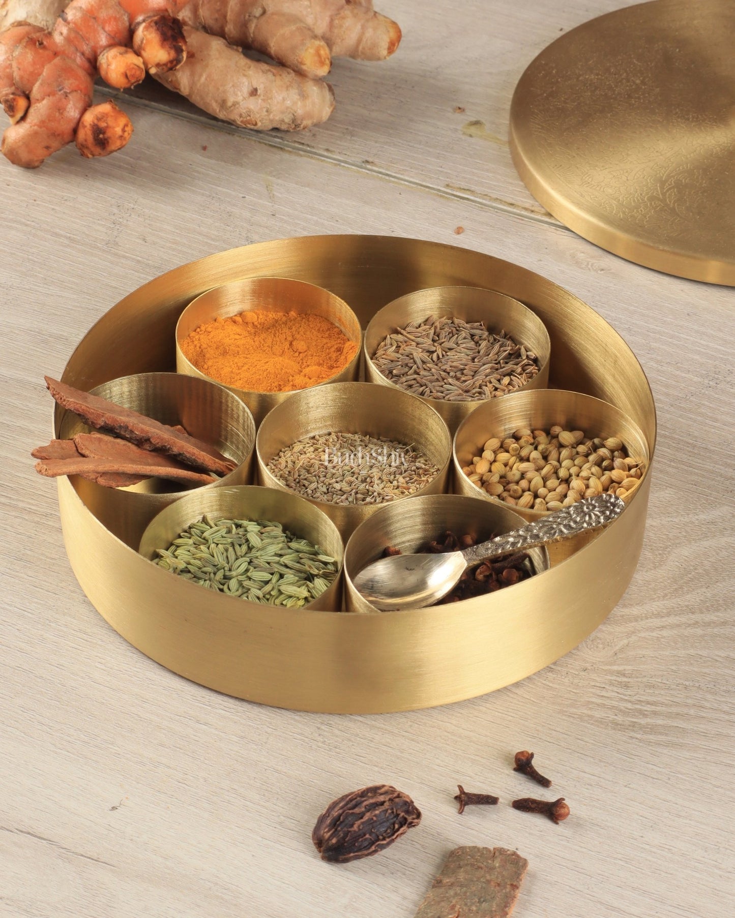 Brass Masala Box Daani – Round Spice Container, 3"x8.5"x8.5" - Budhshiv.com