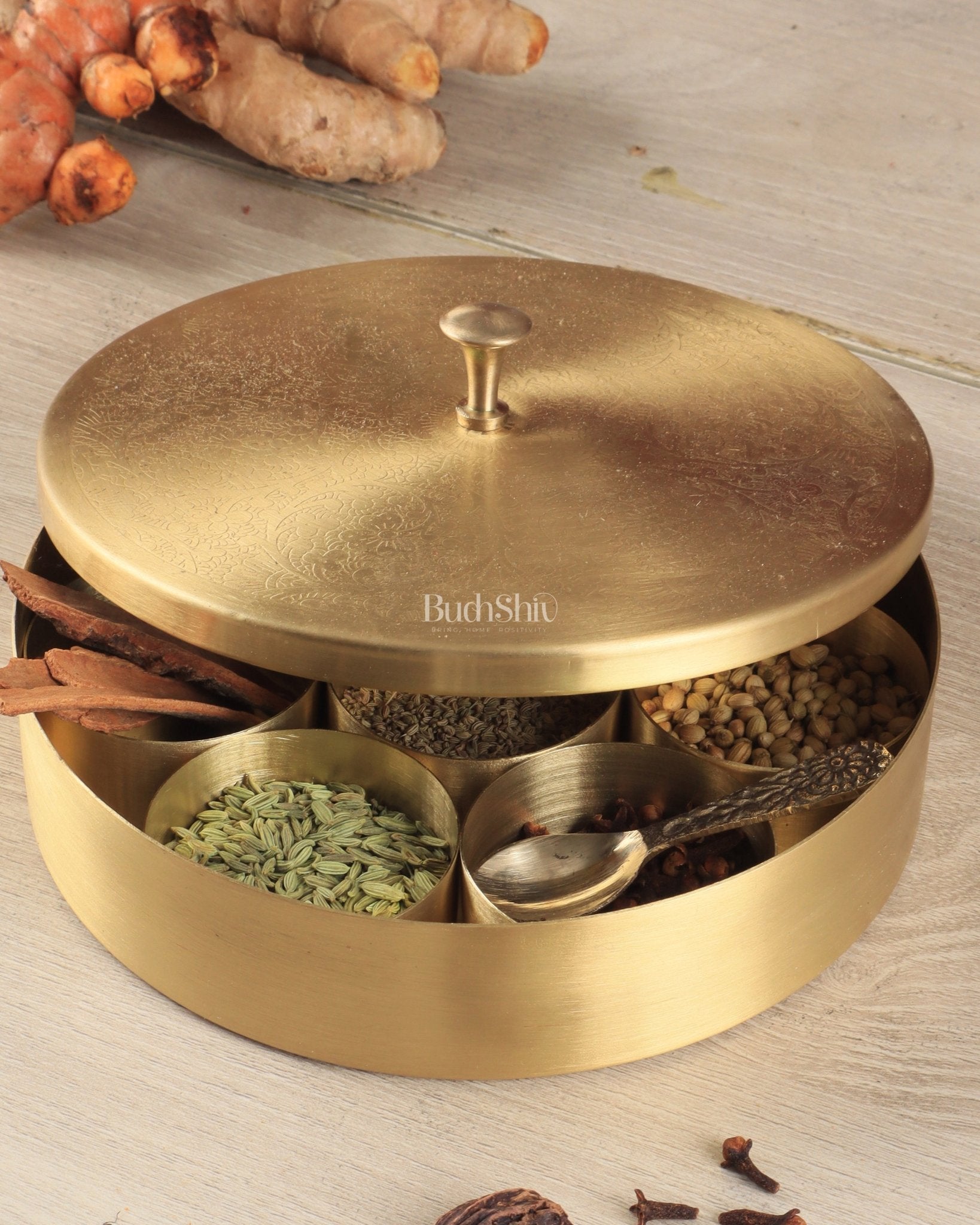 Brass Masala Box Daani – Round Spice Container, 3"x8.5"x8.5" - Budhshiv.com