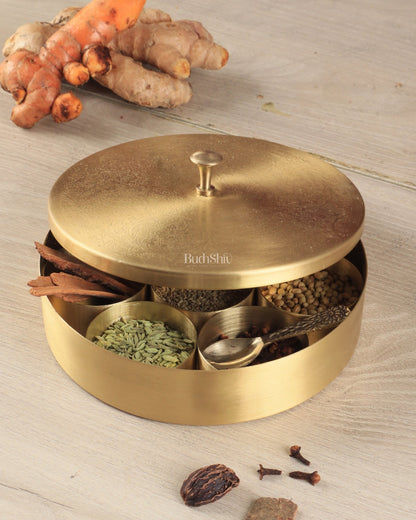 Brass Masala Box Daani – Round Spice Container, 3"x8.5"x8.5" - Budhshiv.com
