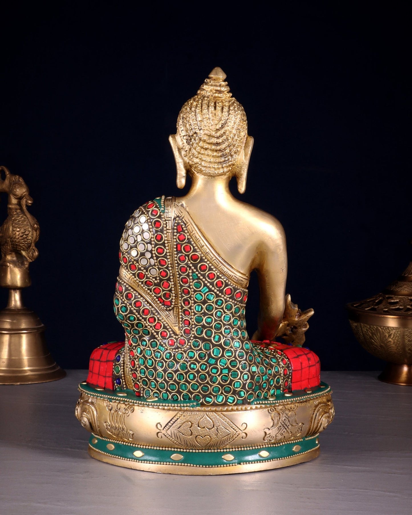 Brass medicine Buddha Idol - 9.5 Inch with stonework - Budhshiv.com