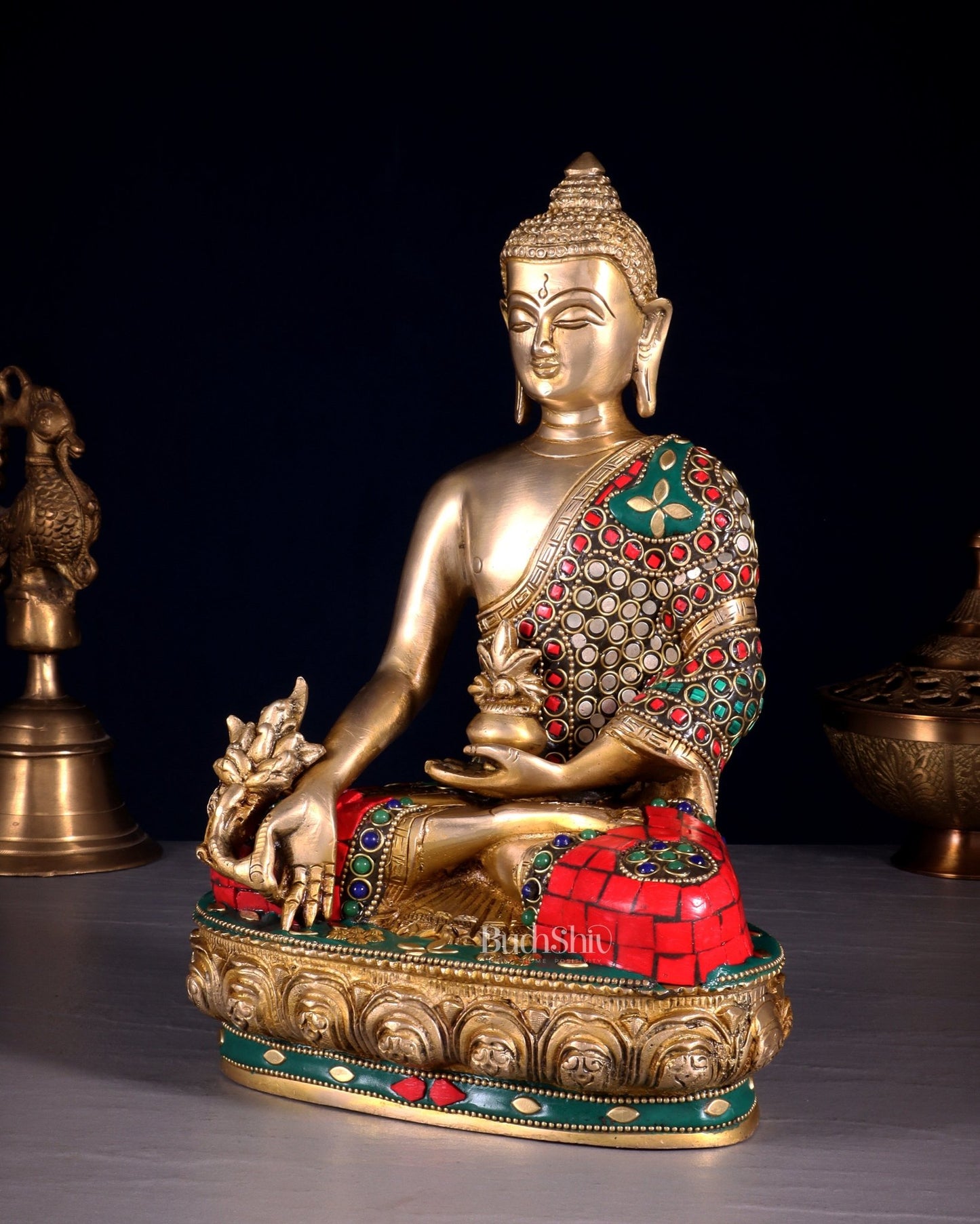 Brass medicine Buddha Idol - 9.5 Inch with stonework - Budhshiv.com