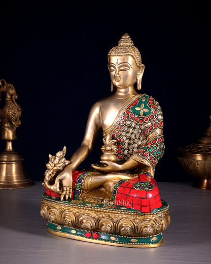 Brass medicine Buddha Idol - 9.5 Inch with stonework - Budhshiv.com