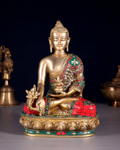 Brass medicine Buddha Idol - 9.5 Inch with stonework - Budhshiv.com