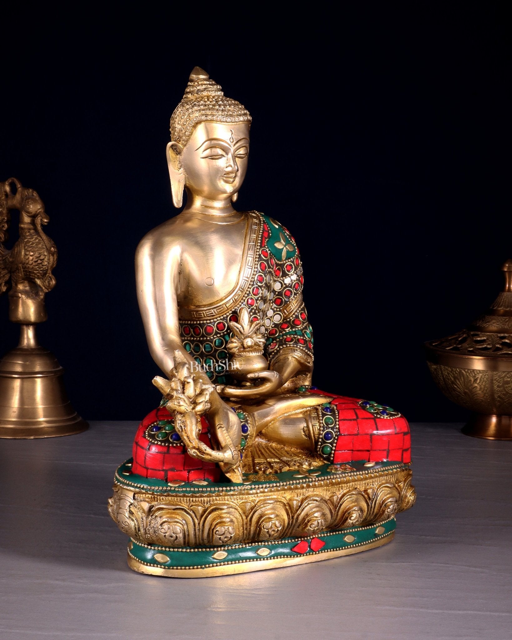 Brass medicine Buddha Idol - 9.5 Inch with stonework - Budhshiv.com
