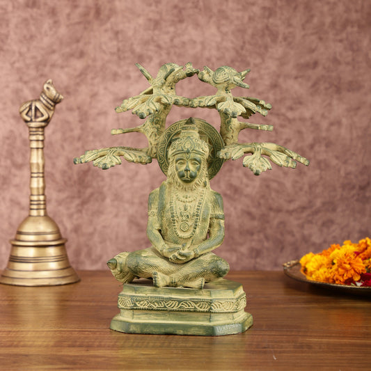 Brass Meditative Hanuman Statue Under Tree | Antique Green Patina | 10 Inch - Budhshiv.com