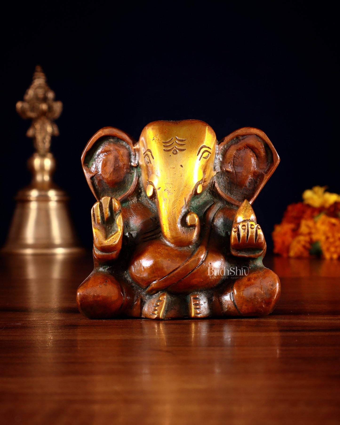 Brass Miniature Appu Ganesh Idol with Big Ears 3" orange gold - Budhshiv.com