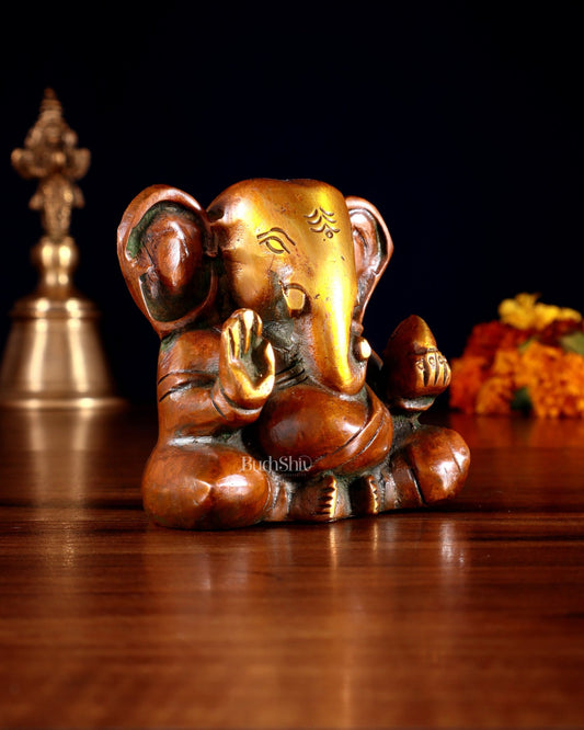 Brass Miniature Appu Ganesh Idol with Big Ears 3" orange gold - Budhshiv.com